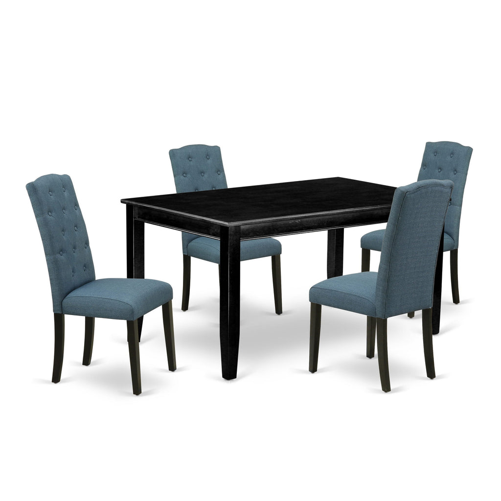 DUCE5-TTV-2X 5-Piece Rectangle Dining Set with Mineral Blue Linen Seats and Smooth Black Table, 36x60 Inch