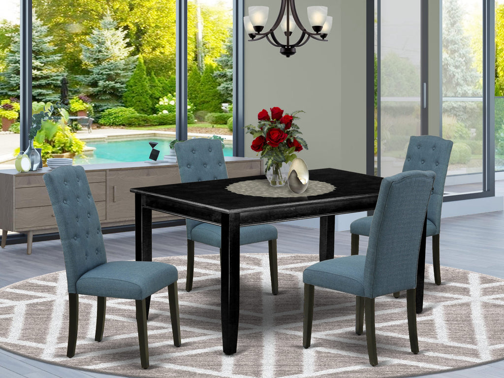 DUCE5-TTV-2X 5-Piece Rectangle Dining Set with Mineral Blue Linen Seats and Smooth Black Table, 36x60 Inch