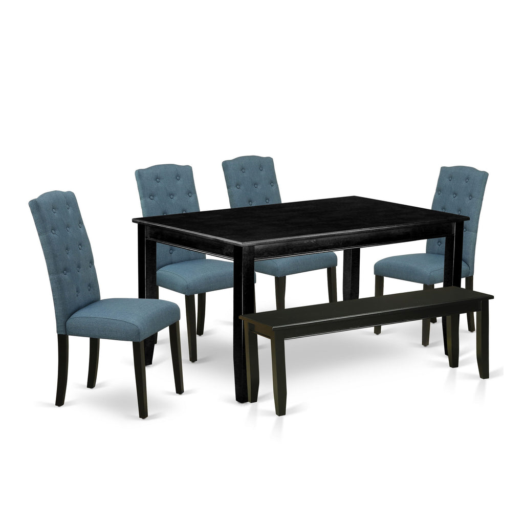 DUCE6-8LS-SC 6-Piece Dining Set Table with 4 Blue Seats & Bench, 36x60, Dark Finish