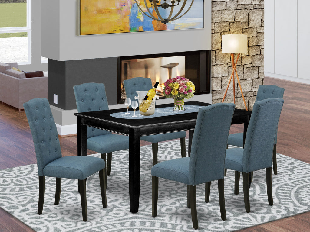 DUCE7-GHE-2N Dining Ensemble 7-Piece Rectangle Table with 6 Mineral Linen Chairs, 36x60, Noir Finish