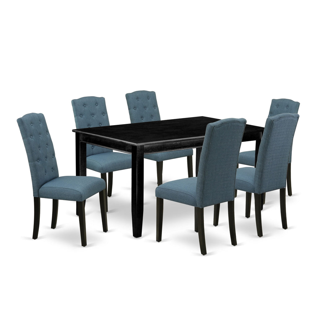 DUCE7-GHE-2N Dining Ensemble 7-Piece Rectangle Table with 6 Mineral Linen Chairs, 36x60, Noir Finish
