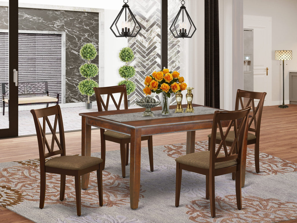 5-Piece Dining Set DUCL5-GL7-T Rectangular Table & 4 Fabric Chairs, Warm Mahogany Finish, 36x60