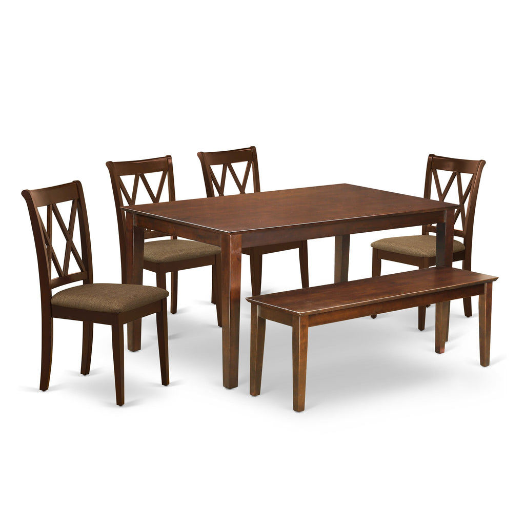 DUCL6-2K5-7 Elegant Six-Piece Dining Ensemble with Rectangular Table, Bench, and Linen Chairs, Rich Mahogany Blend, 36x60