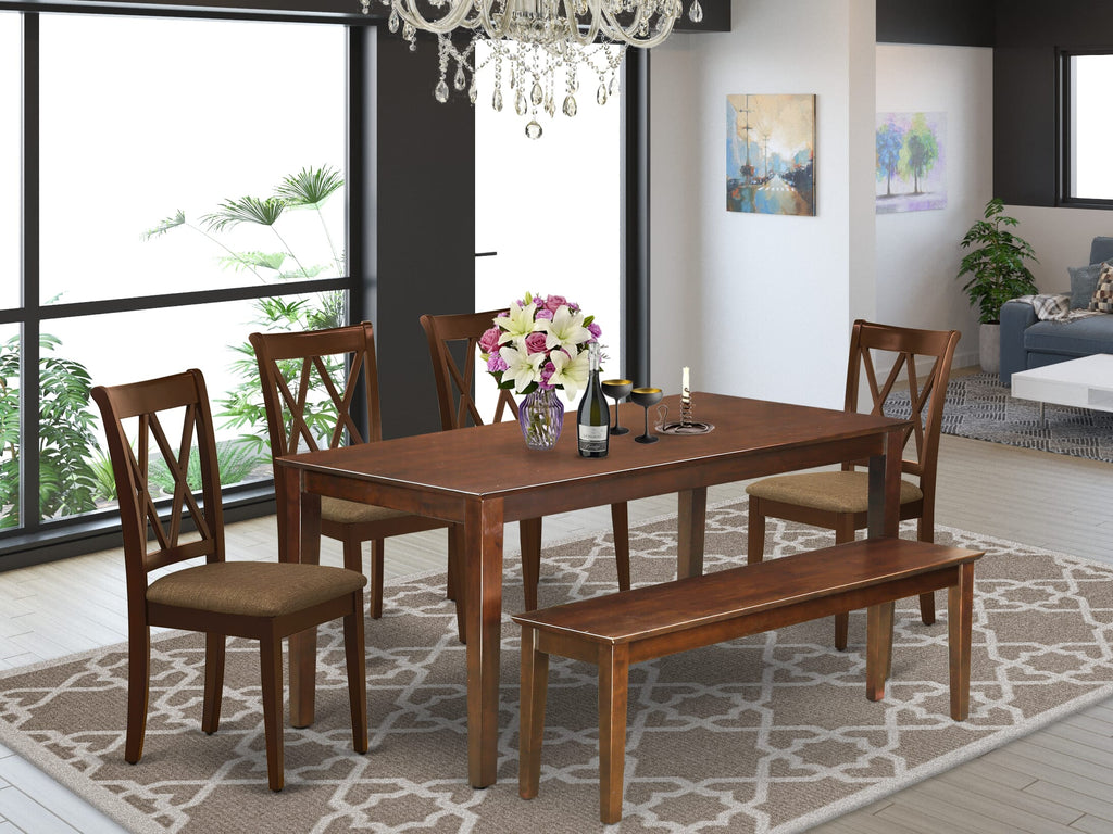 DUCL6-2K5-7 Elegant Six-Piece Dining Ensemble with Rectangular Table, Bench, and Linen Chairs, Rich Mahogany Blend, 36x60