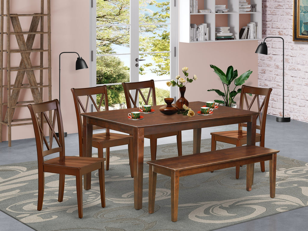 6-Piece Mahogany Dining Ensemble DUCL6-TN2-P with Rectangular Table, Chair Set and Bench, 36x60 in