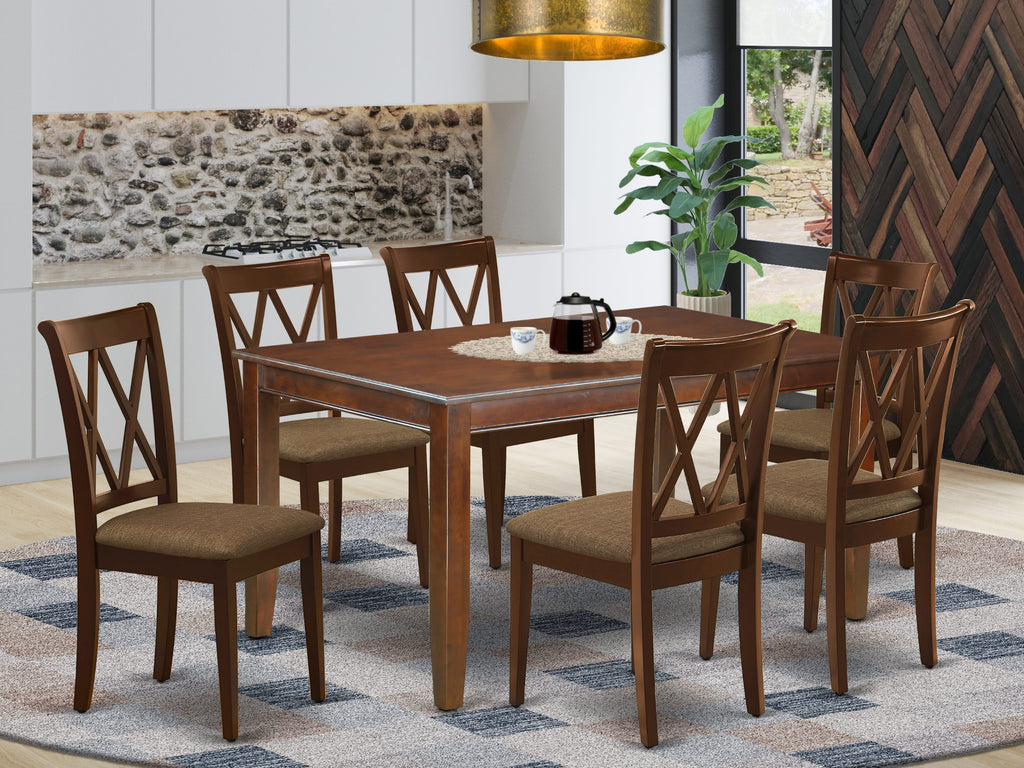 DUCL7-6P3-T Mahogany 36x60 Inch Dining Ensemble Includes Elegant Rectangle Table & Six Upholstered Linen-Style Chairs