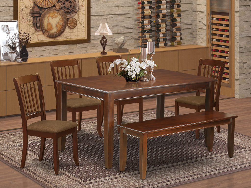 DUDA6-4A8-7 Majestic 6-Piece Set Elegant Rectangular Dining Table with 4 Linen Chairs & Bench Rich Mahogany Finish, 36x60