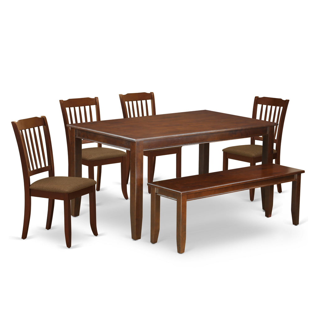 DUDA6-4A8-7 Majestic 6-Piece Set Elegant Rectangular Dining Table with 4 Linen Chairs & Bench Rich Mahogany Finish, 36x60