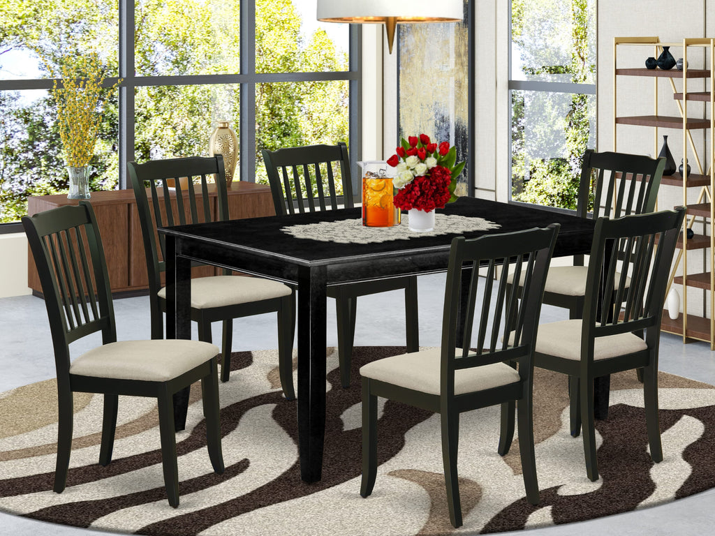 DUDA7-Z4R-3 7-Piece Dining Room Collection with Rectangle Table and 6 Linen Upholstered Chairs, Black Finish