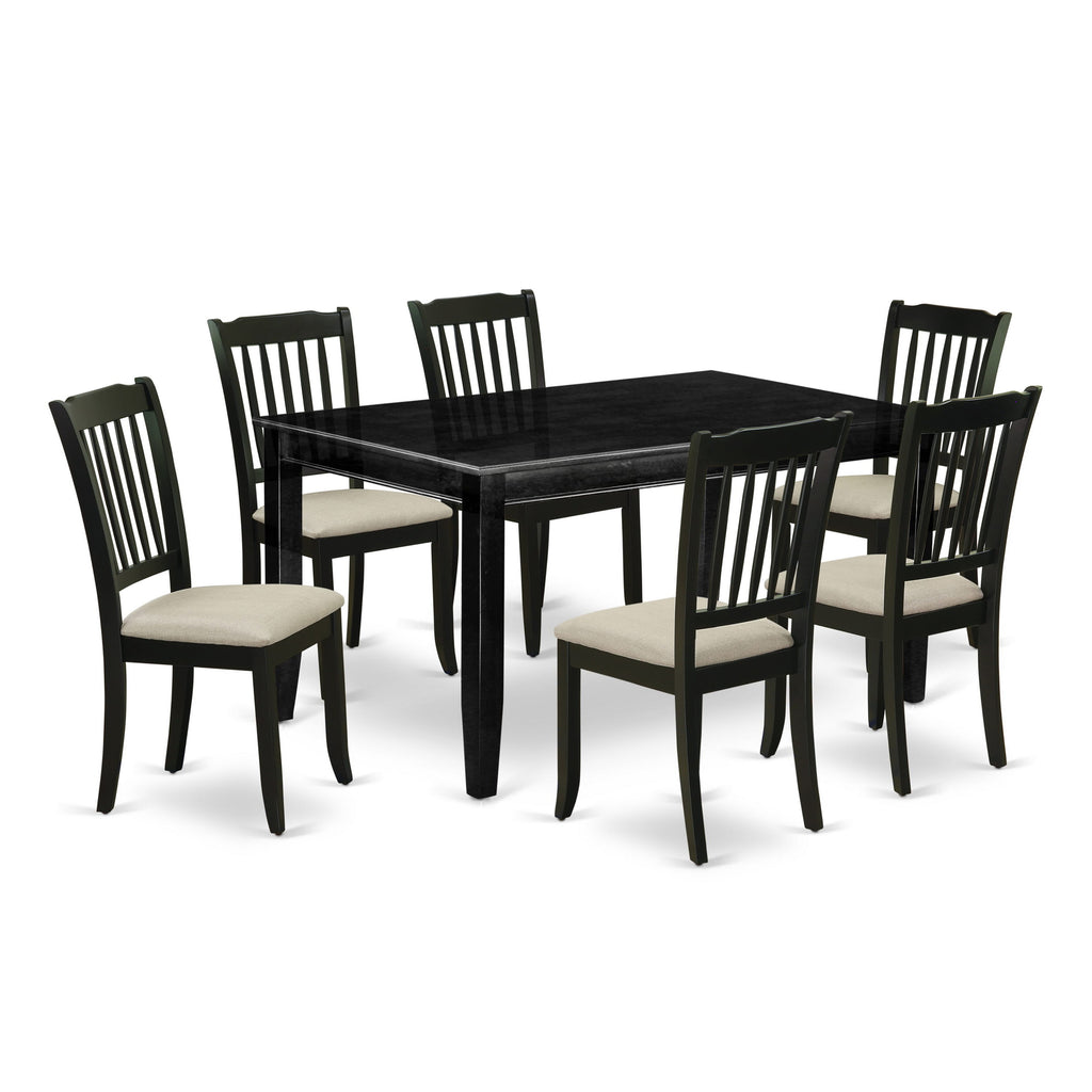 DUDA7-Z4R-3 7-Piece Dining Room Collection with Rectangle Table and 6 Linen Upholstered Chairs, Black Finish