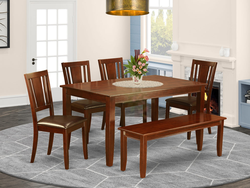 DUDL68-8I6-HU 6-Piece Dining Ensemble Set with Rectangular Table, Faux Leather Seats, and Bench, 36x60 Mahogany