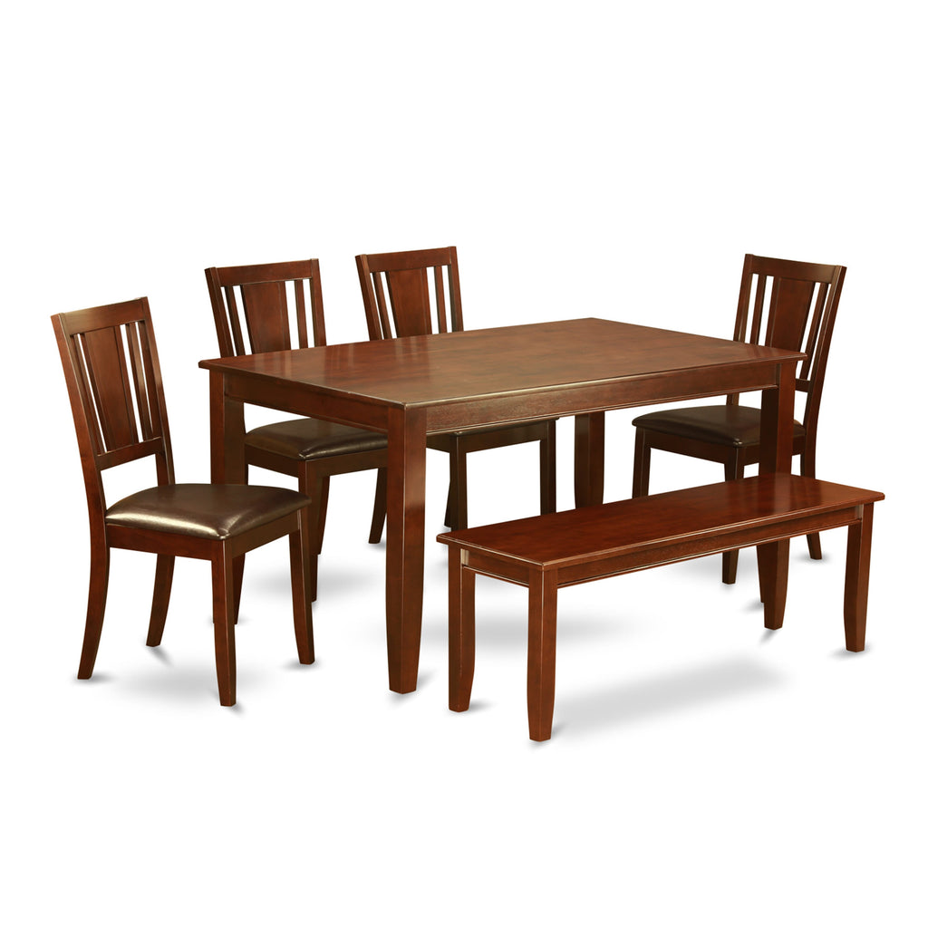 DUDL68-8I6-HU 6-Piece Dining Ensemble Set with Rectangular Table, Faux Leather Seats, and Bench, 36x60 Mahogany