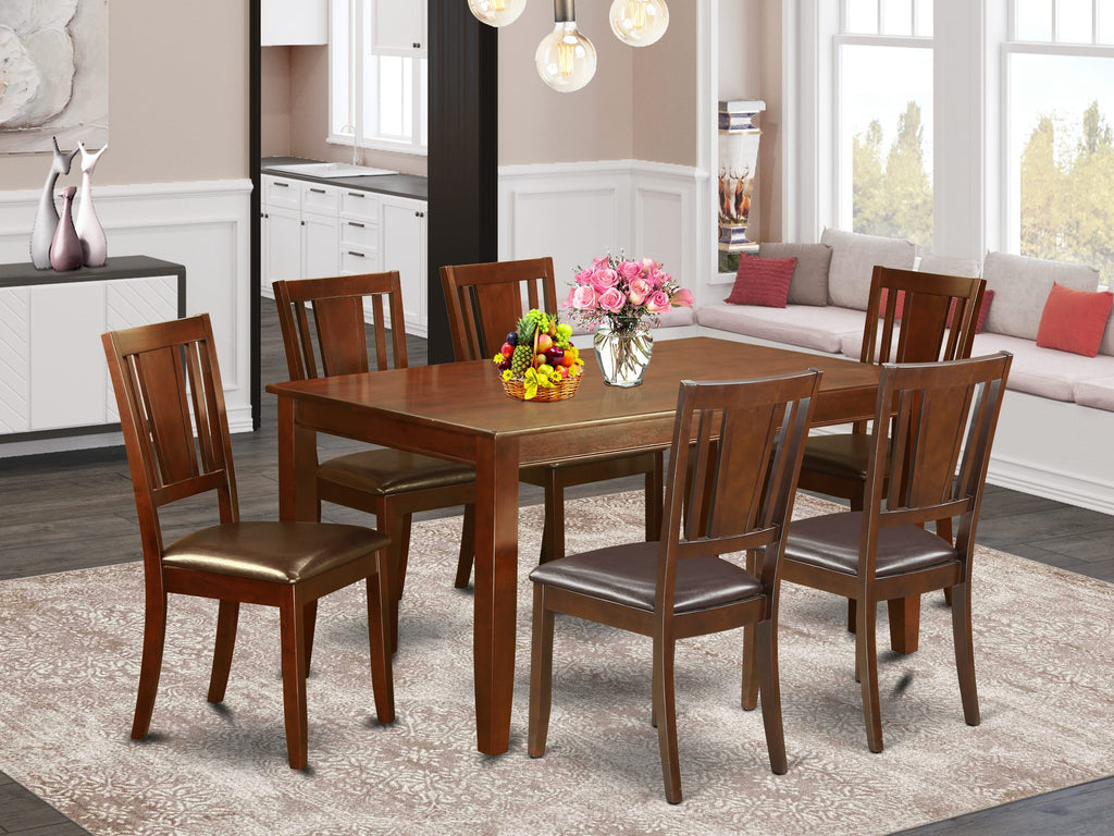 DUDL7-8PQ-XU 7-Piece Dining Set in Mahogany Rectangle Table & 6 Chairs with Faux Leather 36x60