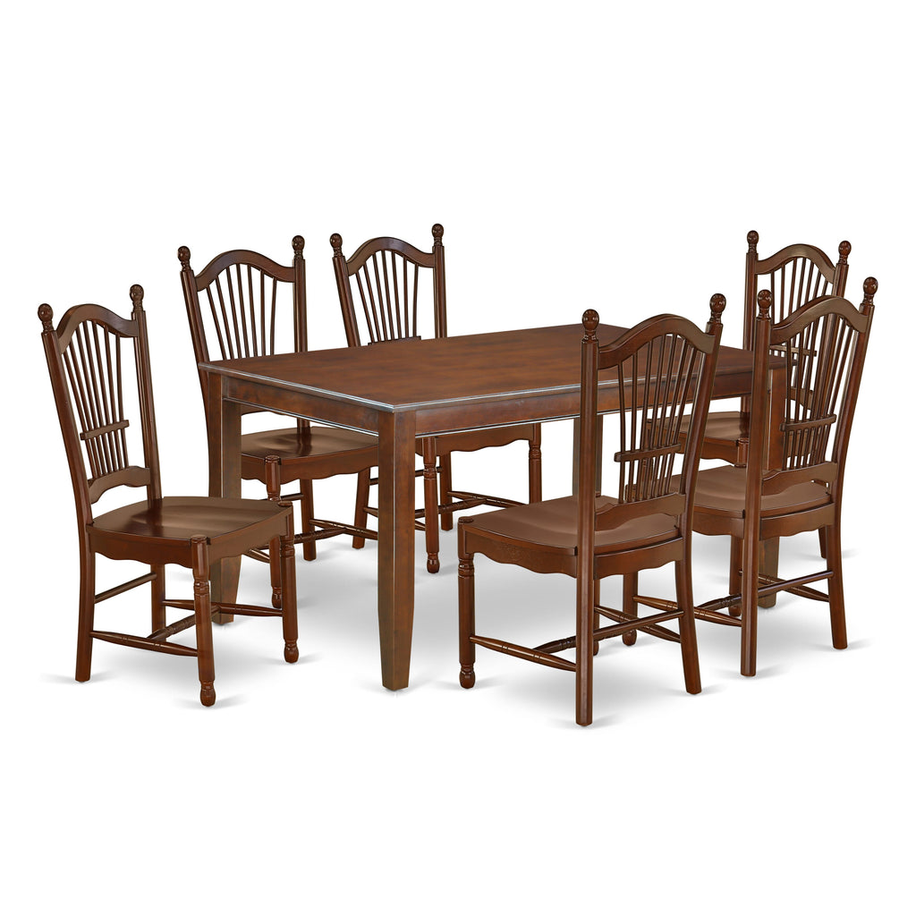 DUDO7-OKV-K 7-Piece Dining Ensemble with Rectangular Table and Six Chairs, 36x60 Inch, Mahogany Finish