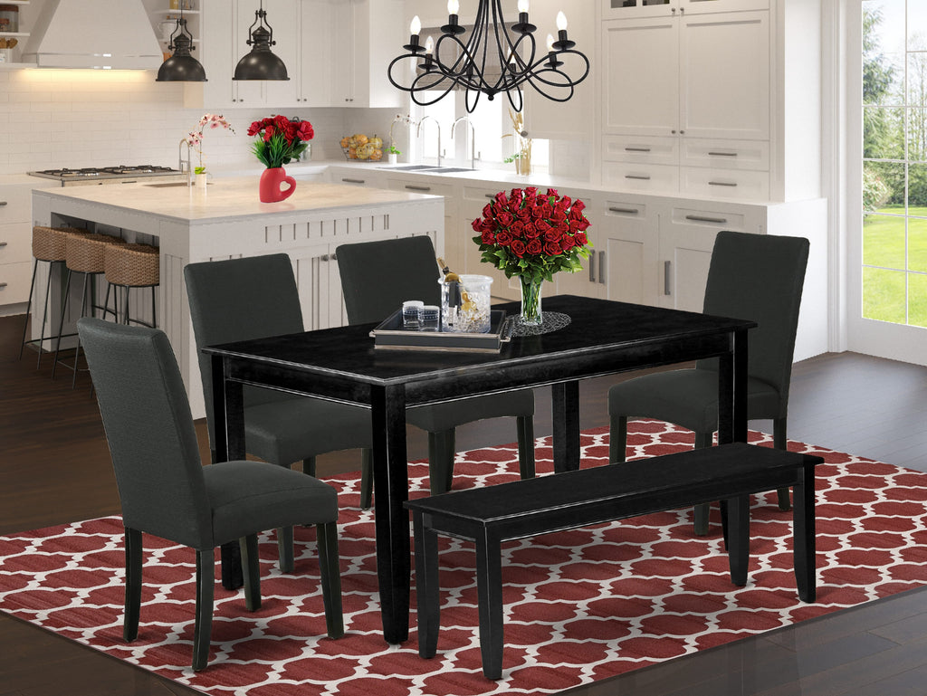 DUDR6-5CJ-0H - Elegant 6-Piece Dining Set with Rectangular Wooden Table, 4 Upholstered Black Chairs & Bench