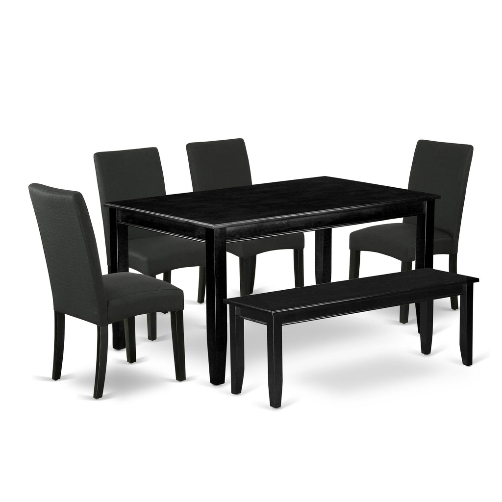DUDR6-5CJ-0H - Elegant 6-Piece Dining Set with Rectangular Wooden Table, 4 Upholstered Black Chairs & Bench