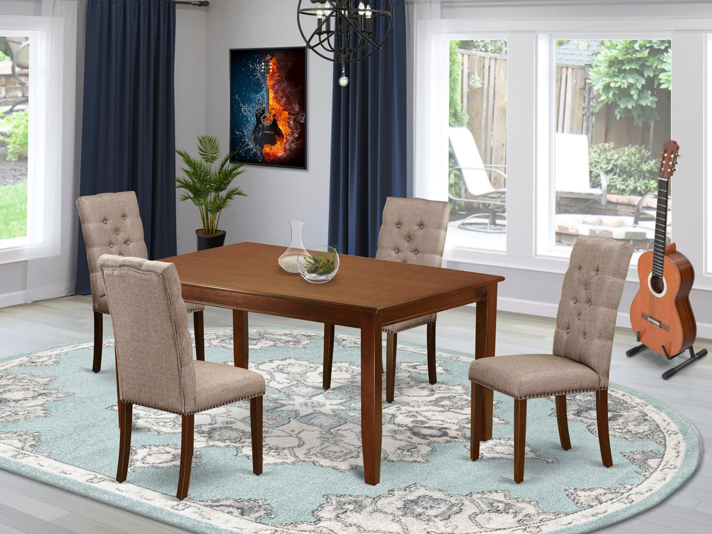 DUEL5-RBE-O1 Sleek 5-Piece Dining Set with Mahogany Rectangle Table & 4 Khaki Parson Chairs