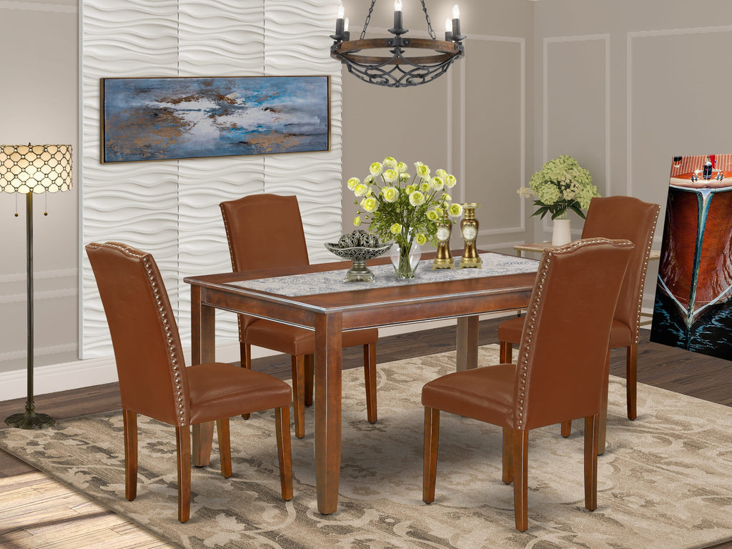 DUEN5-VP7-VP 5-Piece Dining Ensemble with Rectangular Table and 4 Leather Parson Chairs, 36x60 Mahogany