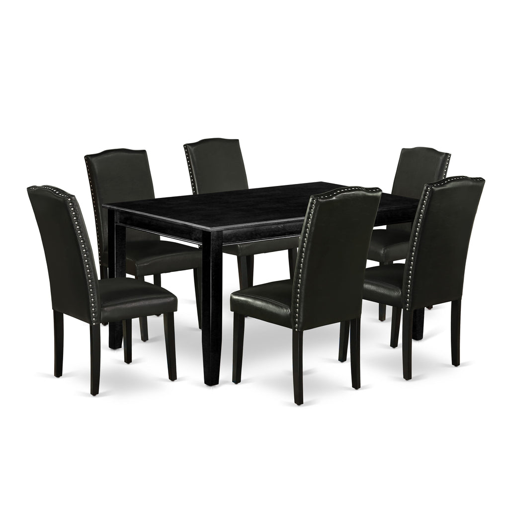 Luxurious DUEN7-INII 7-Piece Dining Ensemble with 6 Sleek Black Leather Chairs and Black Rectangle Table, 36x60