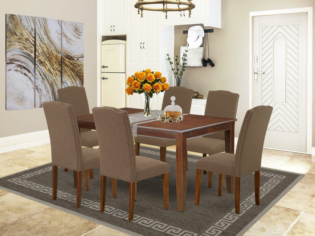 DUEN7-HG2-2Y Elegant 7 Piece Set Rectangle Table & 6 Upholstered Parson Chairs in Sophisticated Linen - Rich Mahogany, 36x60