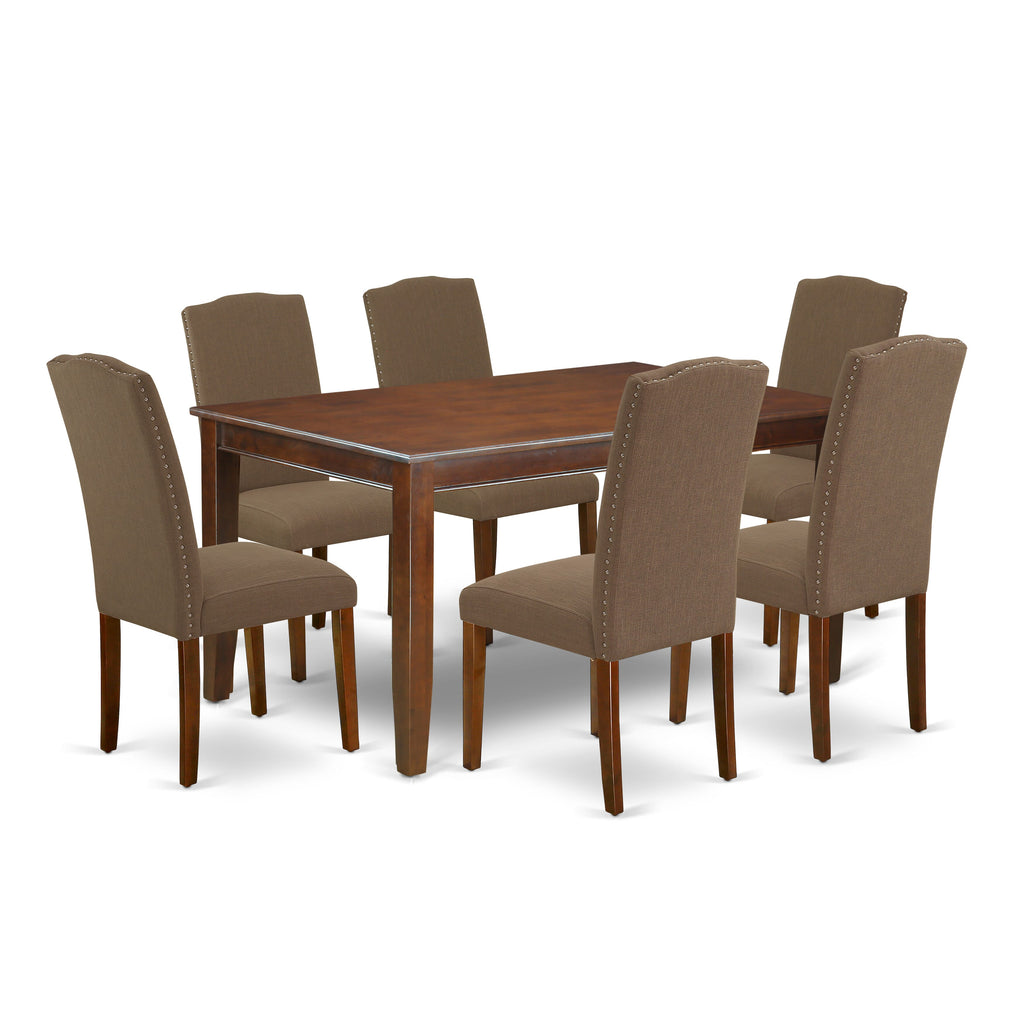 DUEN7-HG2-2Y Elegant 7 Piece Set Rectangle Table & 6 Upholstered Parson Chairs in Sophisticated Linen - Rich Mahogany, 36x60