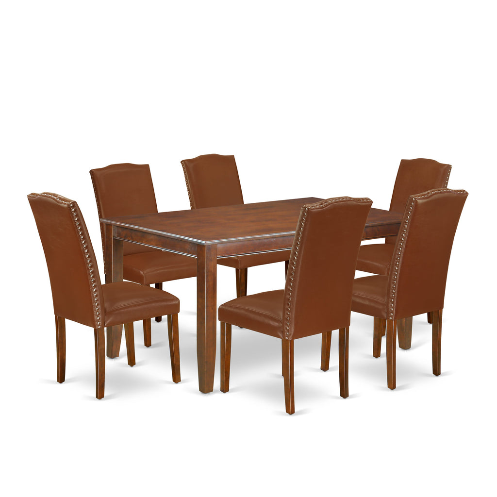 DUEN7-SCM-LT 7-Piece Dining Set with Mahogany Table & 6 Brown Faux Leather Parson Chairs
