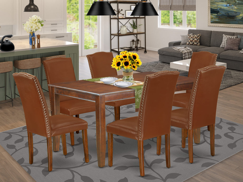 DUEN7-SCM-LT 7-Piece Dining Set with Mahogany Table & 6 Brown Faux Leather Parson Chairs
