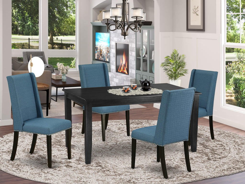 DUFL5-35C-HZ 5-Piece Dining Ensemble with Black Table and 4 Blue Linen Chair Set, 36x60 inches