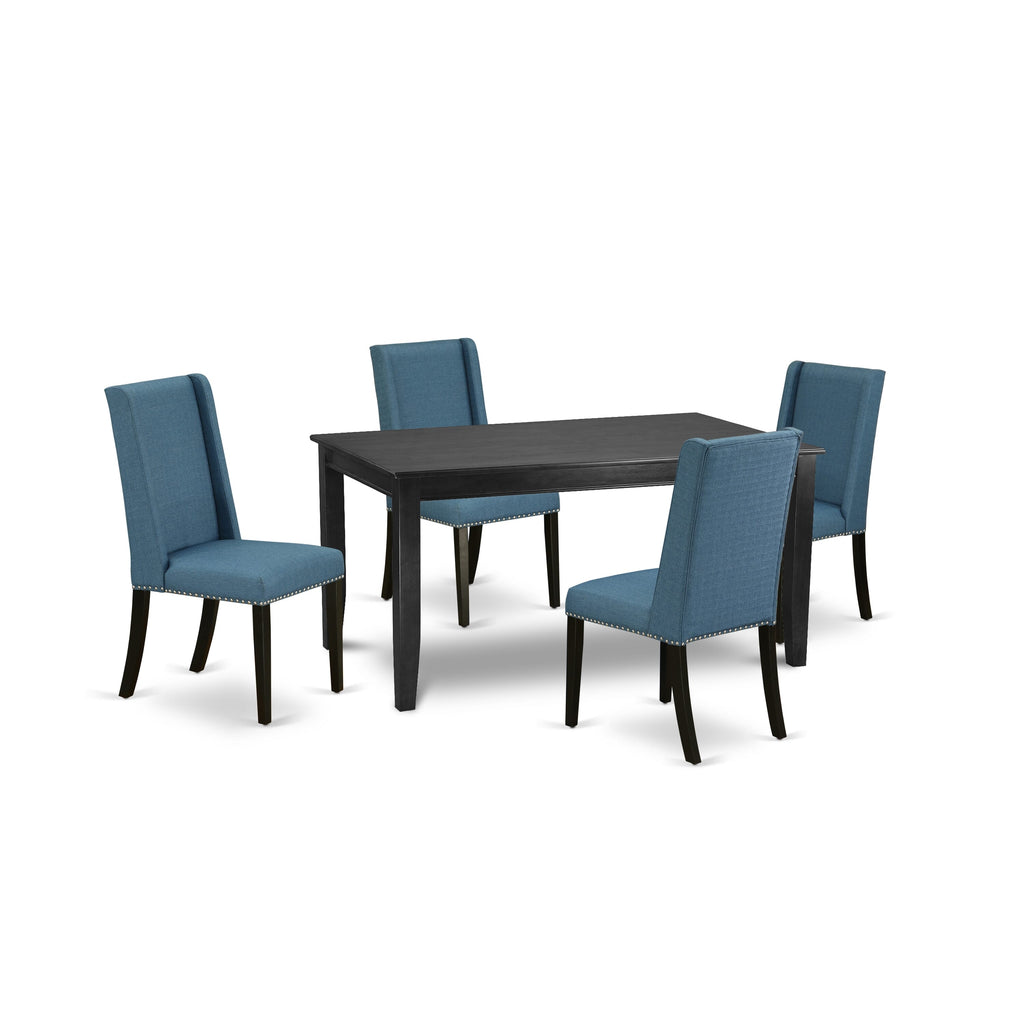 DUFL5-35C-HZ 5-Piece Dining Ensemble with Black Table and 4 Blue Linen Chair Set, 36x60 inches