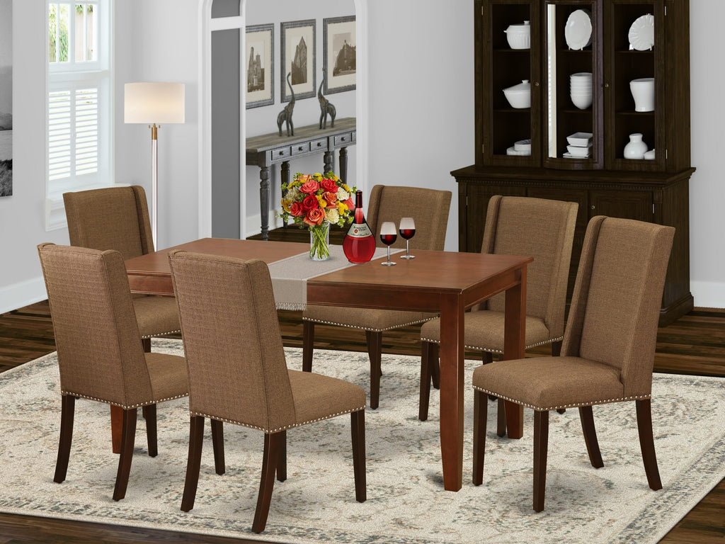 DUFL7-ZQ0-IN 7-Piece Elegant Dining Set with Rectangle Table and 6 Upholstered Brown Parson Chairs, Mahogany Finish, 36x60 Inches