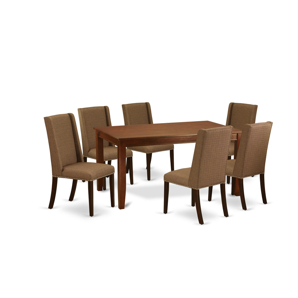 DUFL7-ZQ0-IN 7-Piece Elegant Dining Set with Rectangle Table and 6 Upholstered Brown Parson Chairs, Mahogany Finish, 36x60 Inches