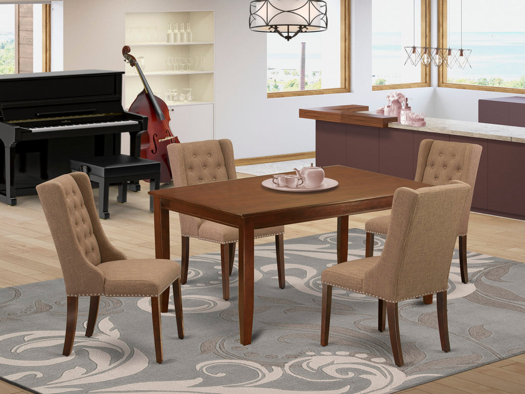 DUFO5-0MX-2V Modern Dining Ensemble Rectangle Table & 4 Sable Upholstered Chairs, 36x60 Mahogany