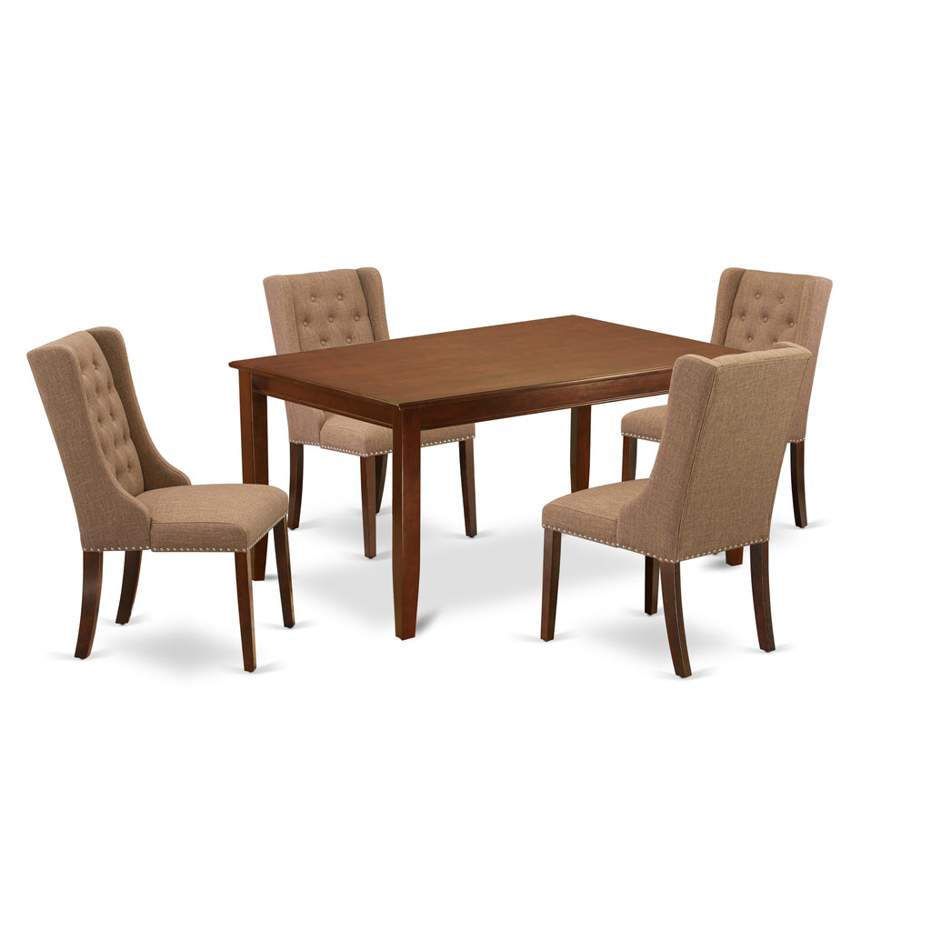 DUFO5-0MX-2V Modern Dining Ensemble Rectangle Table & 4 Sable Upholstered Chairs, 36x60 Mahogany