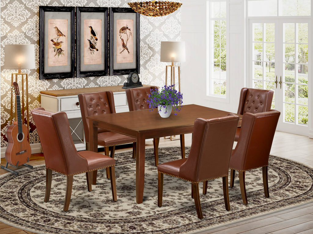 DUFO7-1O6-ZC 7 Piece Stylish Dining Ensemble with Rectangular Table and Faux Leather Chairs, 36x60, Mahogany Finish