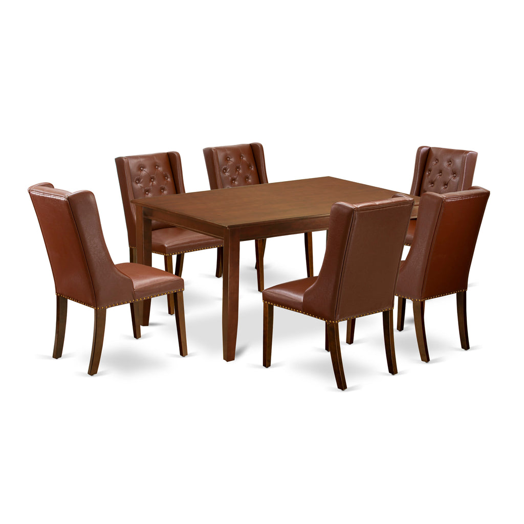 DUFO7-1O6-ZC 7 Piece Stylish Dining Ensemble with Rectangular Table and Faux Leather Chairs, 36x60, Mahogany Finish