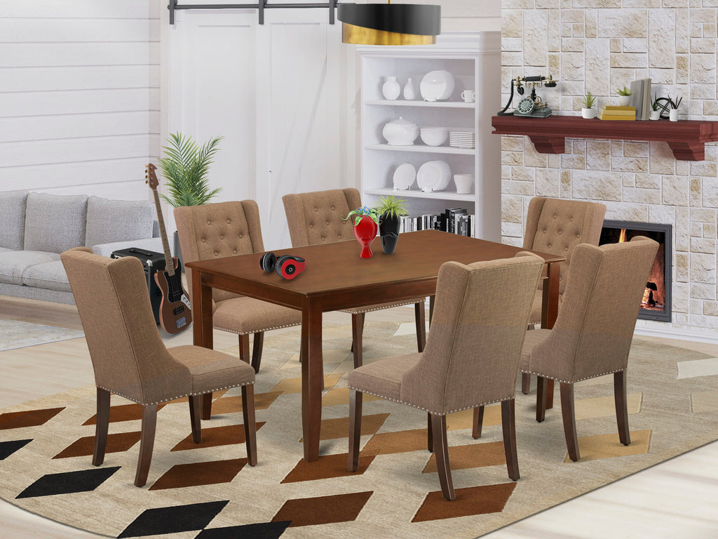 DUFO7-9C8-GV Elegant Dining Ensemble 7-Piece Set with Rectangular Wood Table & 6 Light Sable Linen Seats, Mahogany