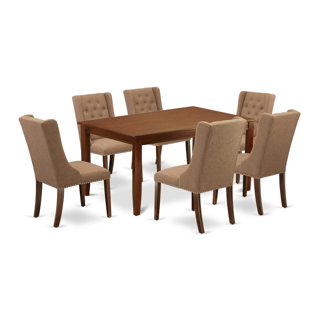 DUFO7-9C8-GV Elegant Dining Ensemble 7-Piece Set with Rectangular Wood Table & 6 Light Sable Linen Seats, Mahogany