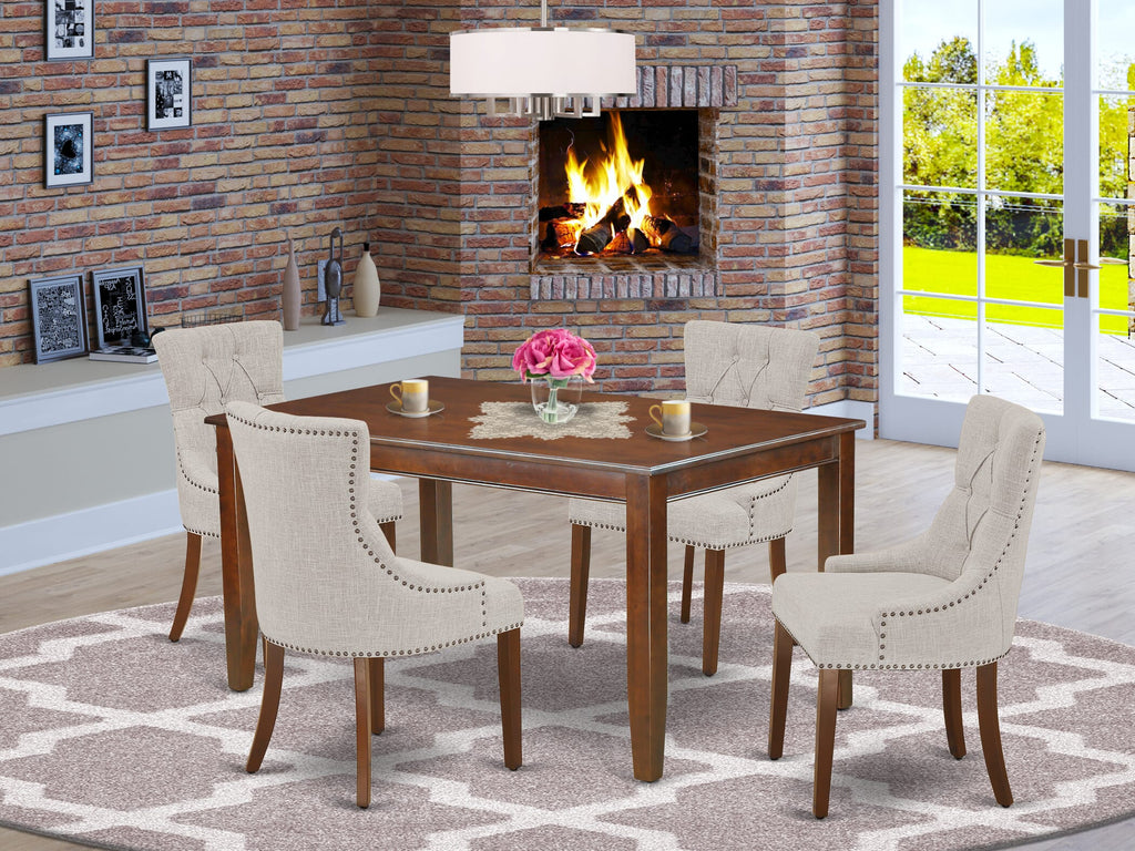 DUFR5-SZM-7D Elegant 5-Piece Dining Ensemble Rectangle Table with 4 Doeskin Linen Chairs, 36x60 Inch, Rich Mahogany Finish