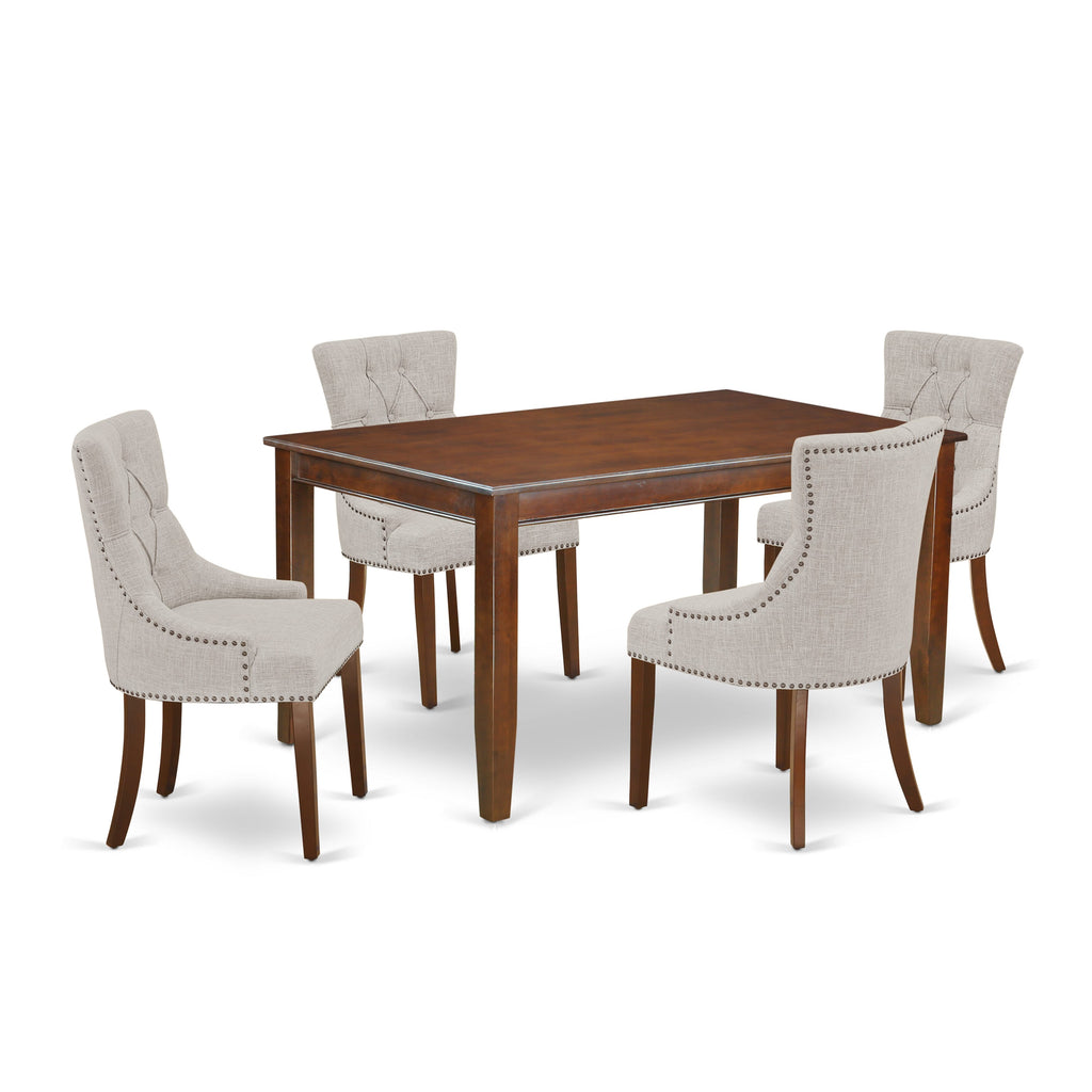 DUFR5-SZM-7D Elegant 5-Piece Dining Ensemble Rectangle Table with 4 Doeskin Linen Chairs, 36x60 Inch, Rich Mahogany Finish