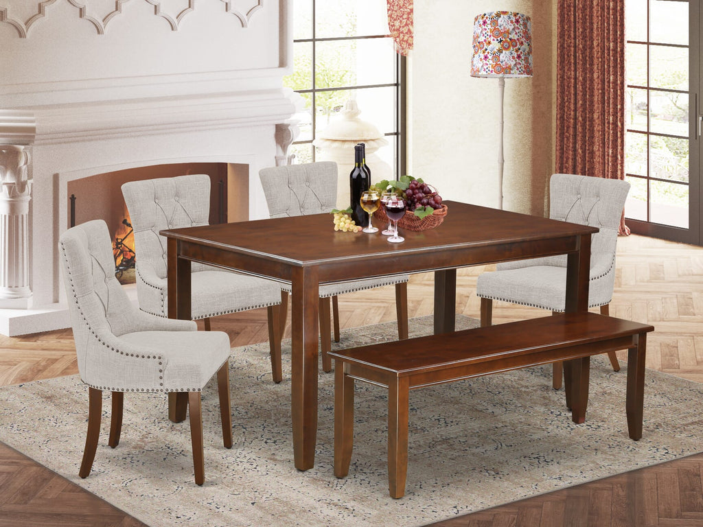 DUFR6-GWZ-YU 6-Seater Dining Ensemble with Rectangle Table, Linen Seats and Bench, Mahogany Finish