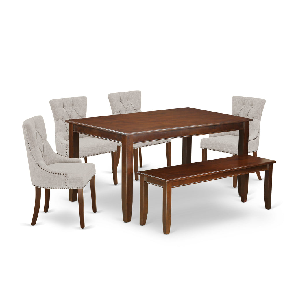 DUFR6-GWZ-YU 6-Seater Dining Ensemble with Rectangle Table, Linen Seats and Bench, Mahogany Finish