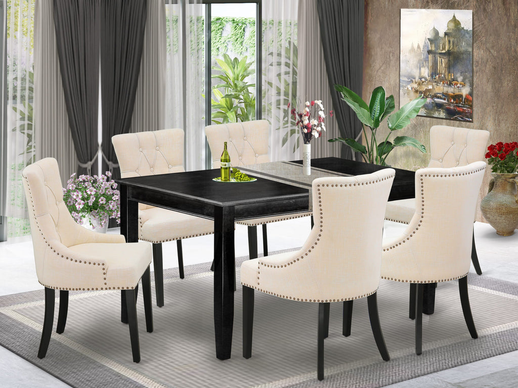 DUFR7-3NF-WJ 7-Piece Dining Set with Rectangular Table & 6 Beige Linen Chairs, 36x60 Inches, Onyx