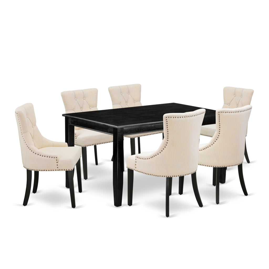 DUFR7-3NF-WJ 7-Piece Dining Set with Rectangular Table & 6 Beige Linen Chairs, 36x60 Inches, Onyx