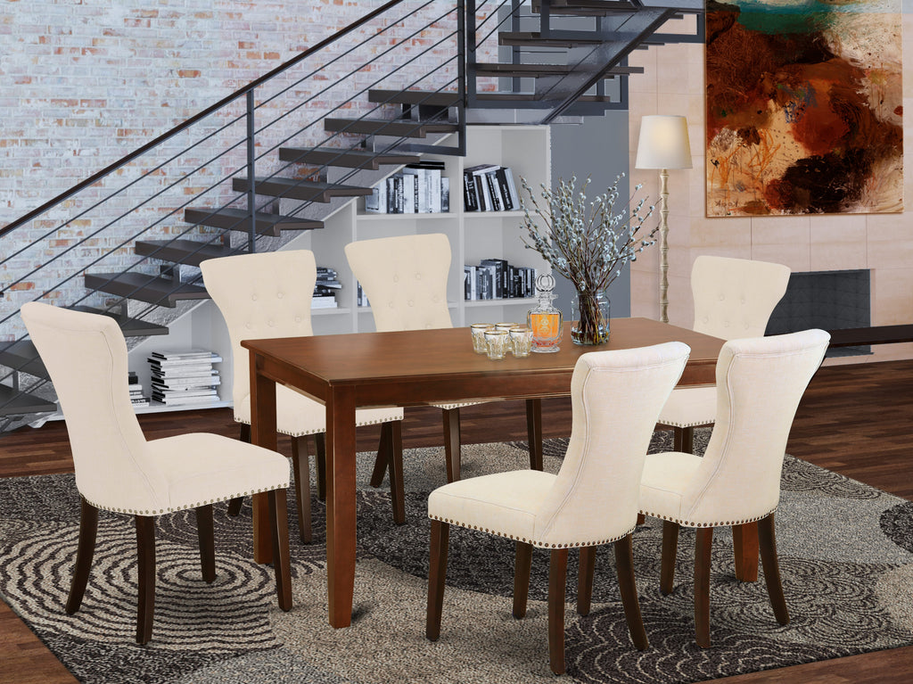 Dining Set DUGA7-BZD-OG 7-Piece Table Collection with Rectangular Table & Beige Fabric Parson Chairs, 36x60 Mahogany