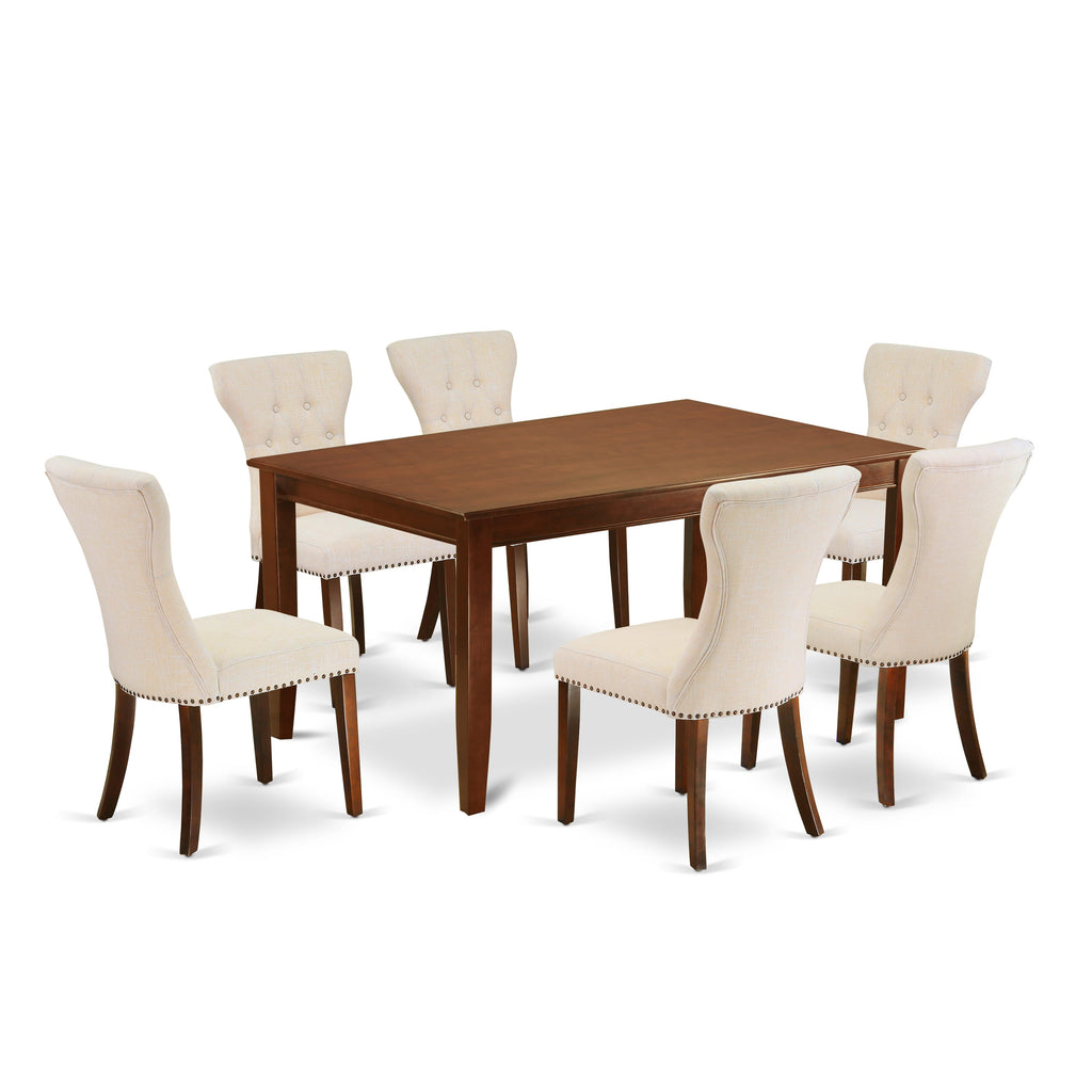 Dining Set DUGA7-BZD-OG 7-Piece Table Collection with Rectangular Table & Beige Fabric Parson Chairs, 36x60 Mahogany