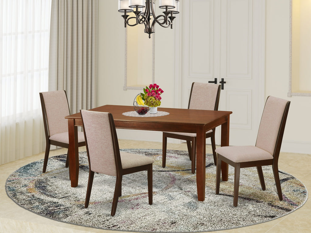 DULA5-GQR-TZ 5-Piece Dining Set with Parson Chairs in Tan Linen and Mahogany Table for Dining Room