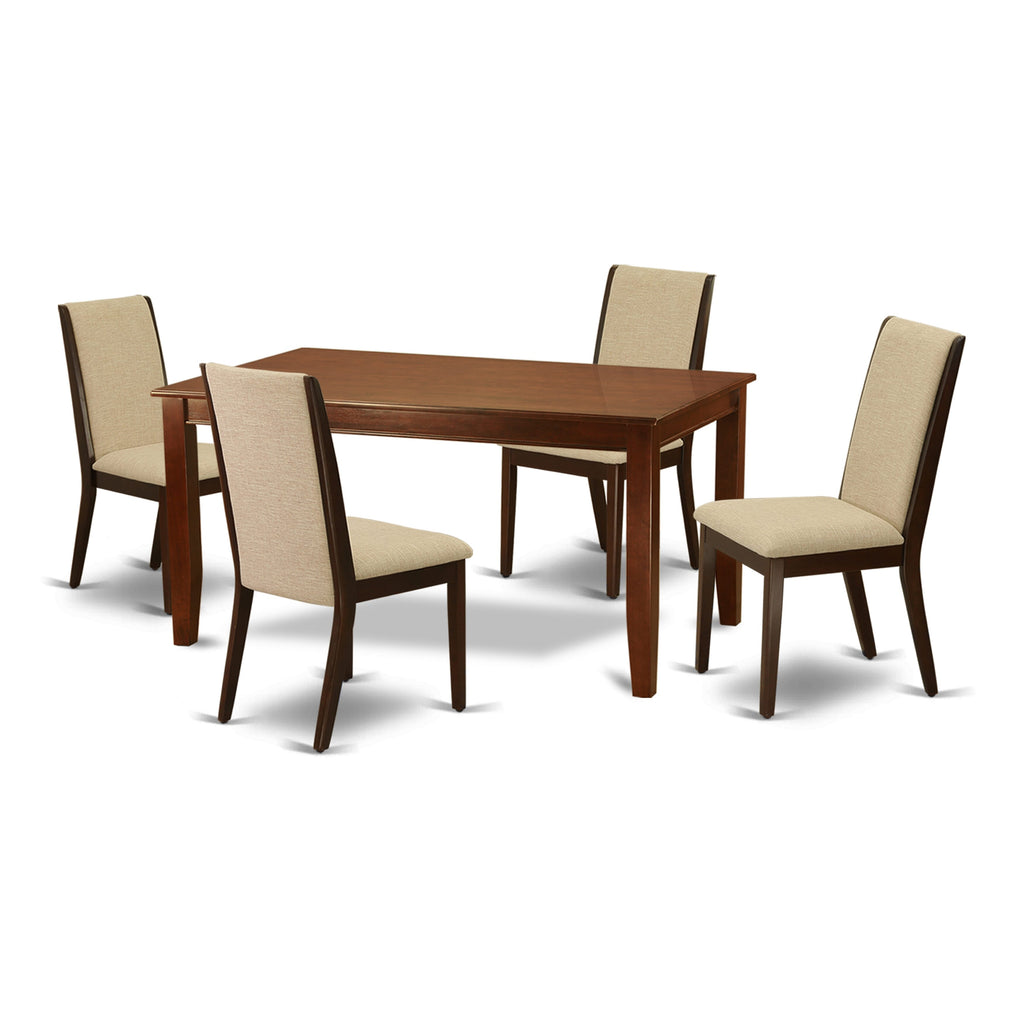 DULA5-GQR-TZ 5-Piece Dining Set with Parson Chairs in Tan Linen and Mahogany Table for Dining Room