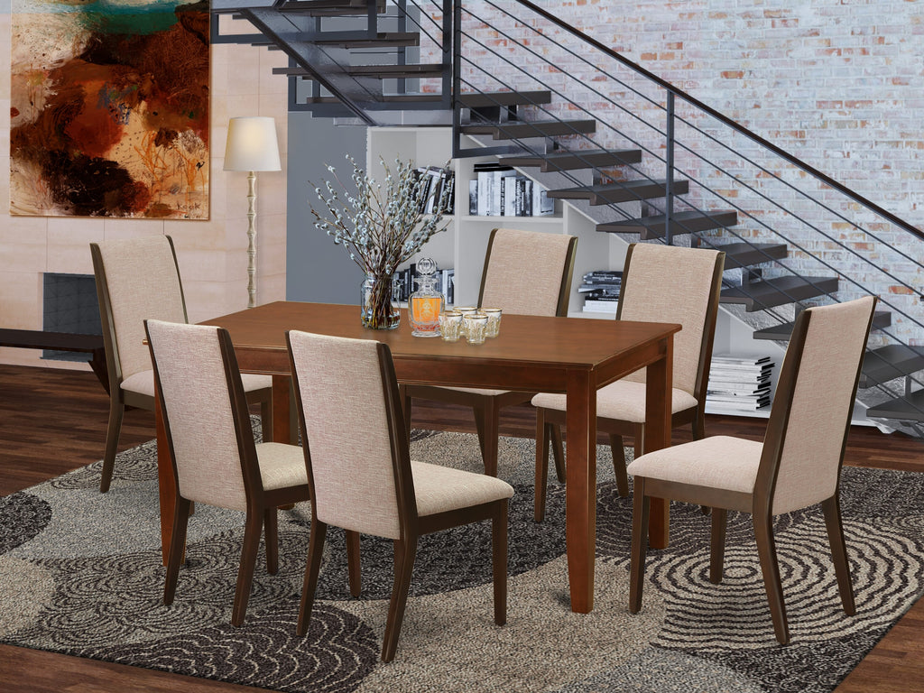 DULA7-ETX-B2 Stunning 7-Piece Dining Ensemble with Rectangular Table and 6 Linen Chairs, Mahogany Finish