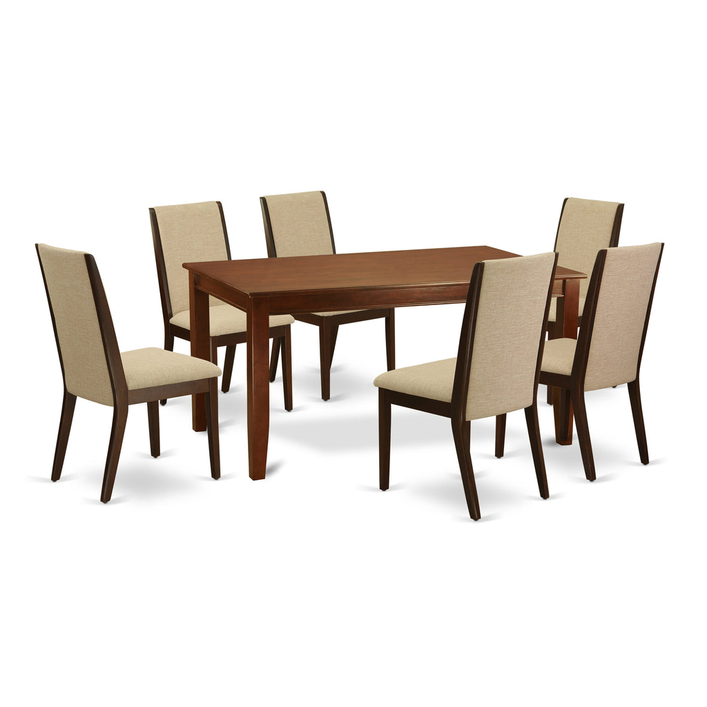DULA7-ETX-B2 Stunning 7-Piece Dining Ensemble with Rectangular Table and 6 Linen Chairs, Mahogany Finish