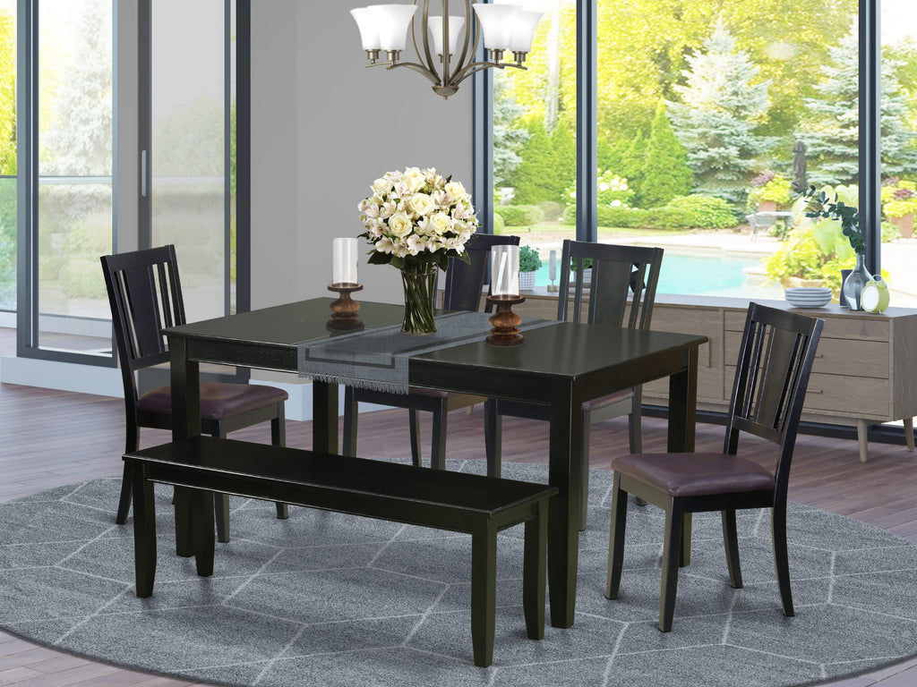 DULE6-QH8-8O 6-Piece Dining Ensemble with Rectangular Table, 4 Leatherette Chairs & Bench - 36x60in, Black Elegance